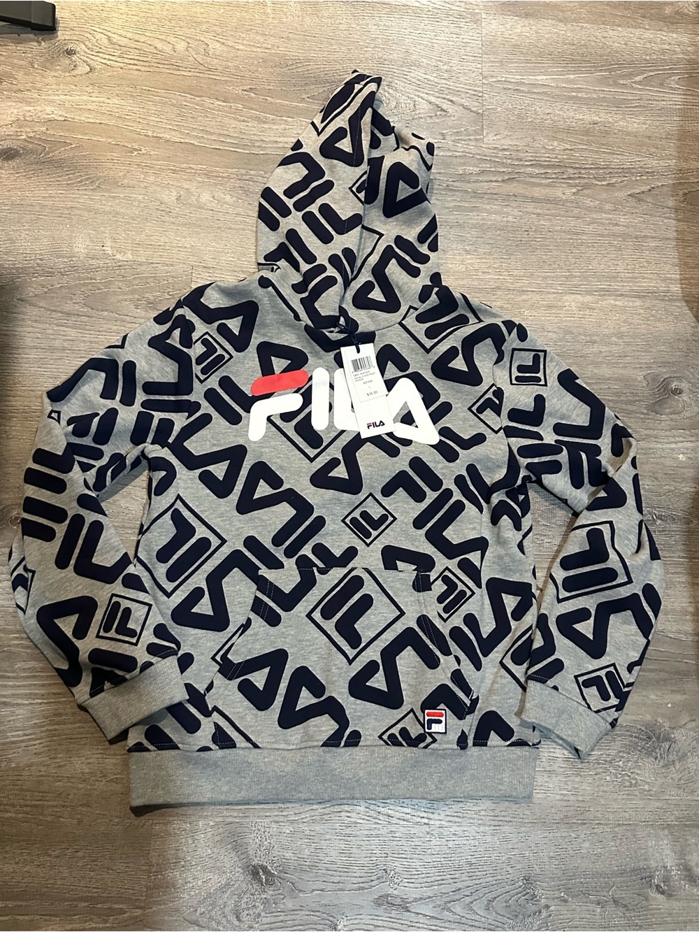 Fila Grey Hoodie with Navy All-Over Logo and White Red Accents